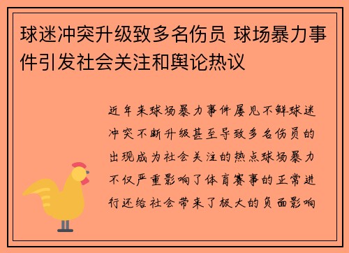 球迷冲突升级致多名伤员 球场暴力事件引发社会关注和舆论热议